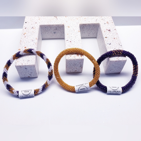 PURPLE & GOLD -Original Roll-On® Bracelets, 7" round, made in Nepal #2(3 pieces) - Picture 5 of 7